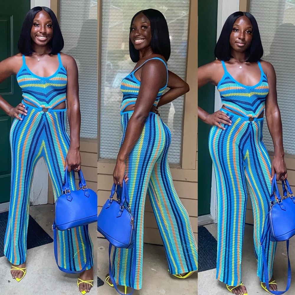 Vibrant Blue and Multi Striped Crochet Jumpsuit